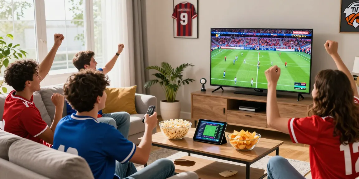Excited friends watching live football match together, شاهد البث هنا for thrilling moments.
