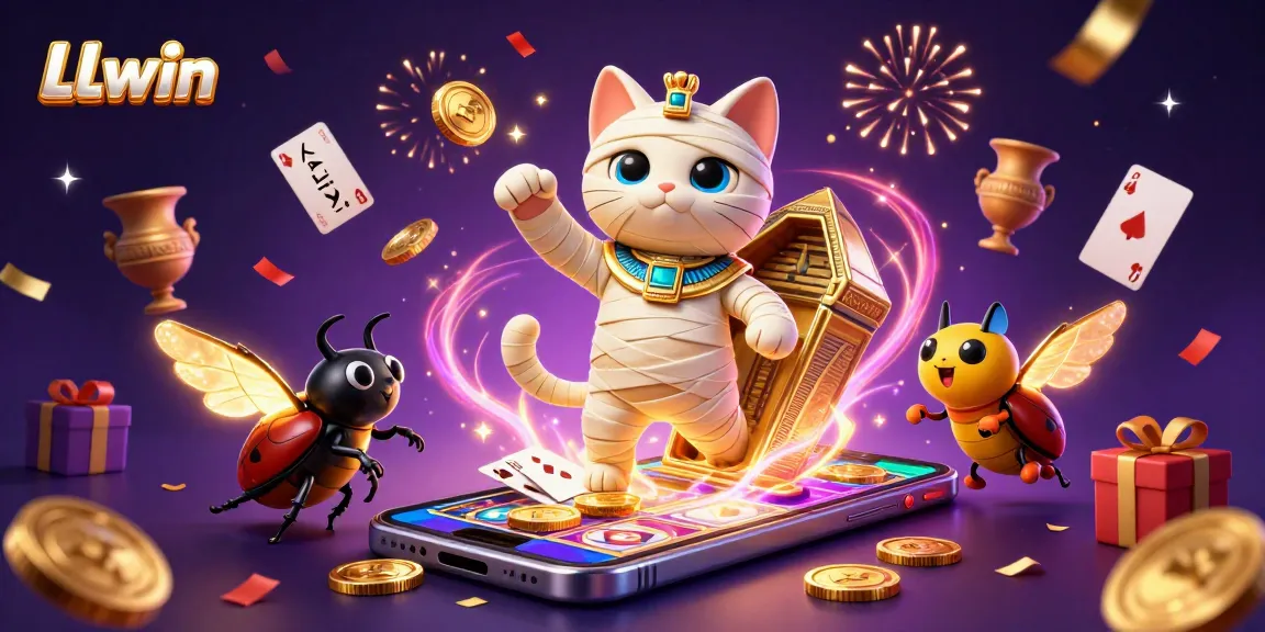 Experience LLwin's vibrant casino with an Egyptian mummy cat and a scarab beetle amidst gaming excitement.