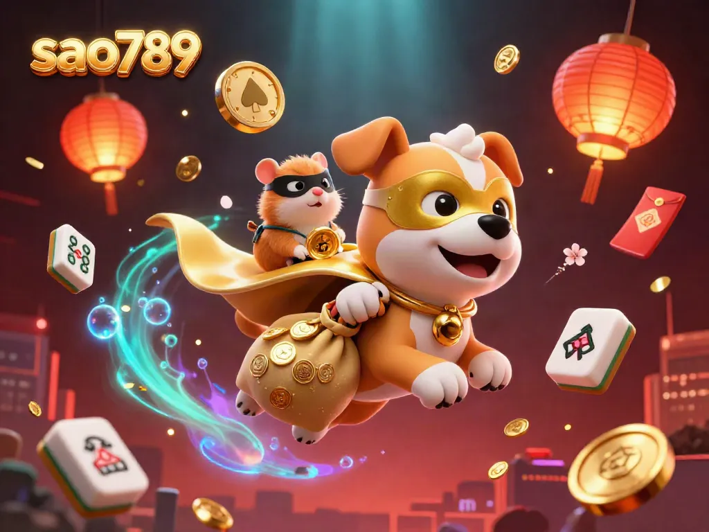 Experience the thrill of gaming at sao789 with a dynamic 3D illustration of a superhero dog amid casino elements.