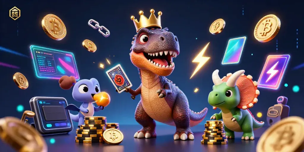 Experience thrilling gaming adventures with EE88, featuring a playful T-Rex, vibrant crypto coins, and dazzling casino chips.