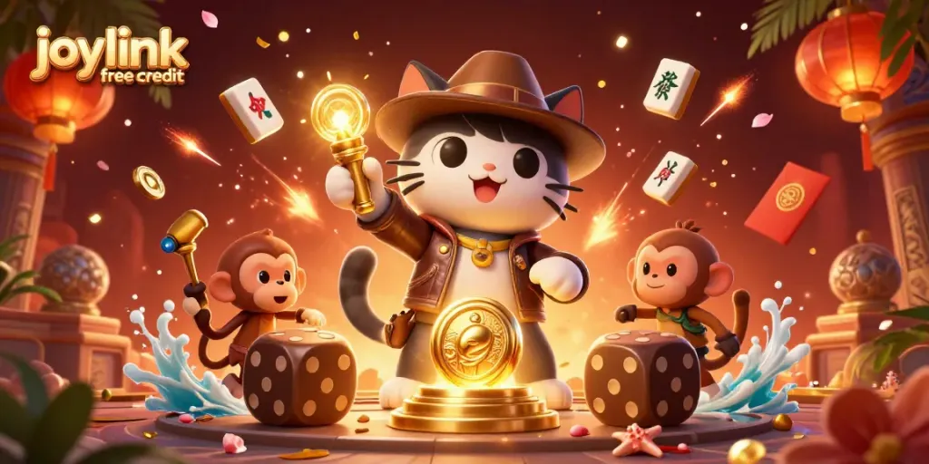 Win big with joylink free credit in this vibrant 3D casino adventure illustration featuring an explorer cat and his monkey.