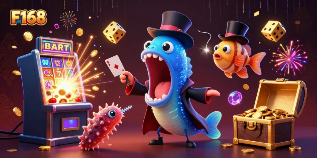Catch thrilling action in F168 with a 3D animated deep-sea eel performing magic tricks amidst casino excitement.