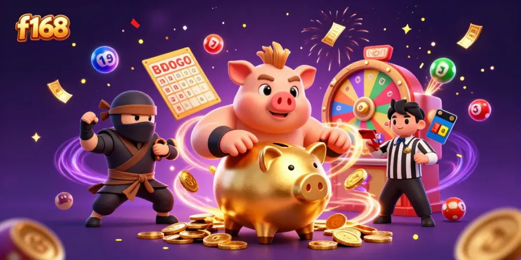 Experience the vibrant energy of f168 with a sumo wrestler and ninja in a dynamic casino scene.