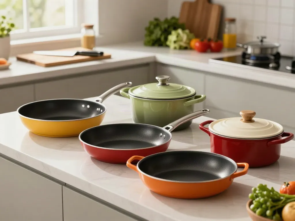 Vibrant display of non-stick cookware price in bangladesh on a sunlit kitchen countertop with fresh ingredients.