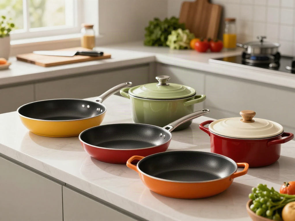 Vibrant display of non-stick cookware price in bangladesh on a sunlit kitchen countertop with fresh ingredients.