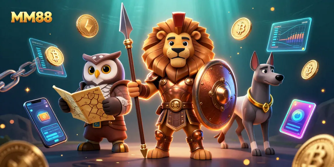 Experience the excitement of MM88 with a vibrant 3D casino scene featuring a Spartan lion and crypto elements.