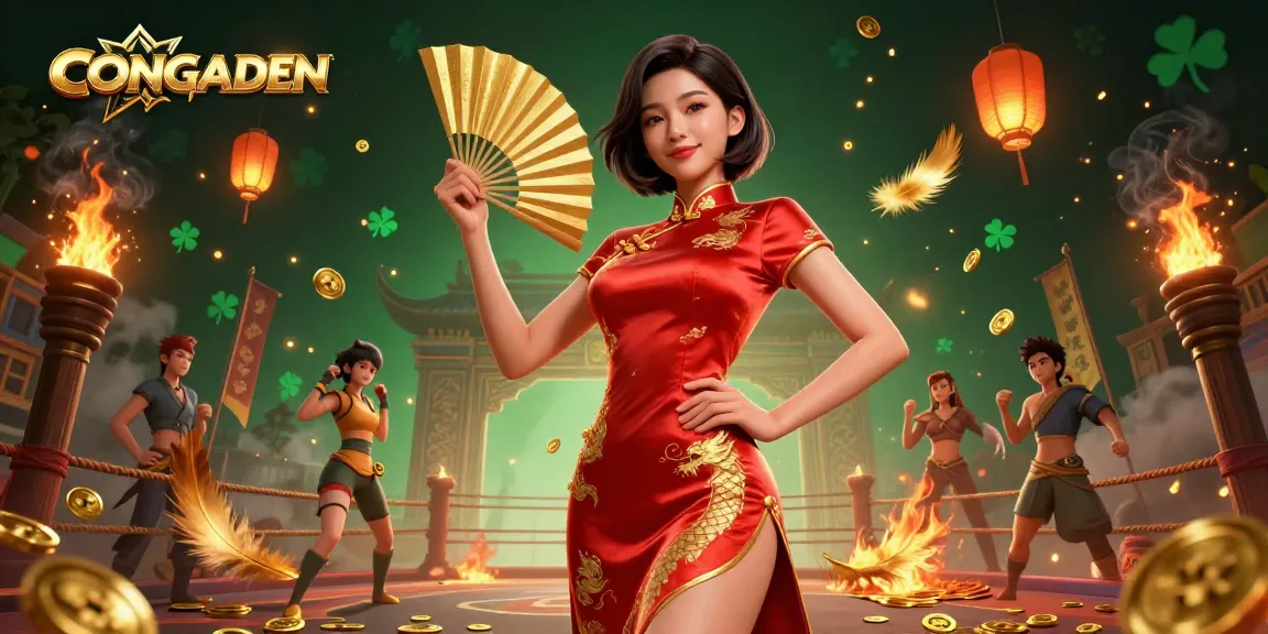 Watch thrilling CONGADEN cockfighting matches amidst golden coins and vibrant atmosphere.