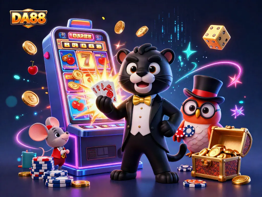 Experience thrilling moments at DA88 with a stylish panther dealing cards alongside casino elements.