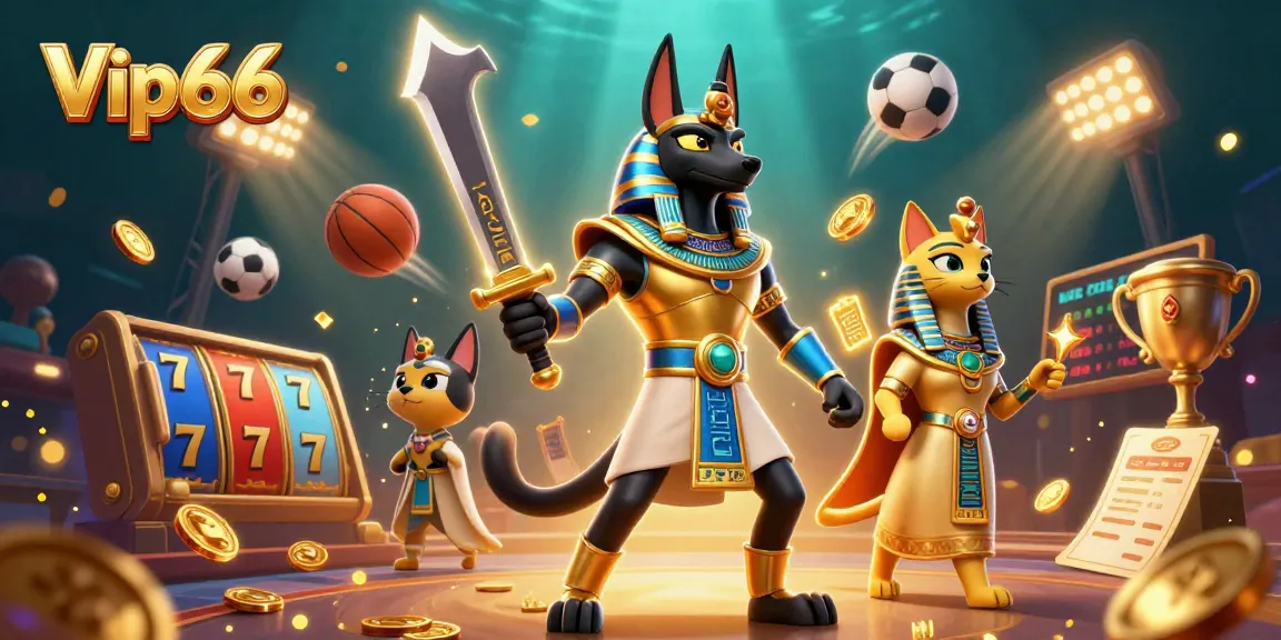 Vip66 enhances gaming excitement with dynamic slot reels, Anubis, and gaming elements in a rich 3D scene.