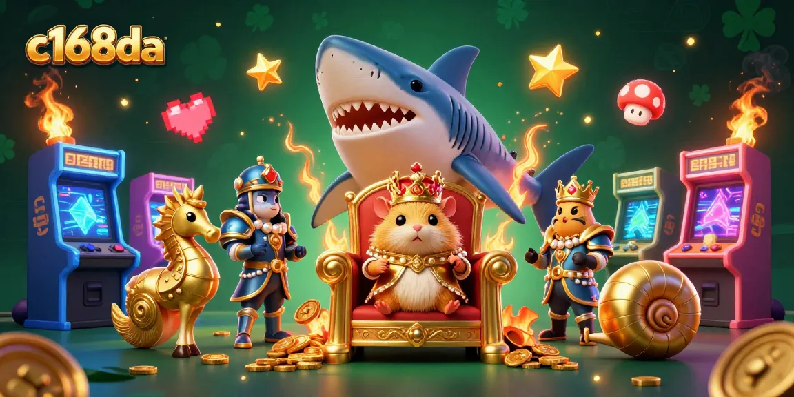 Experience the excitement at c168da with dynamic gaming visuals and unique characters in a vibrant casino-themed landscape.