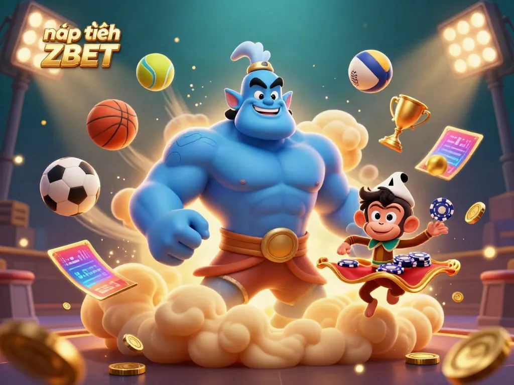 Experience how to nạp tiền ZBET in a vibrant casino scene with a dynamic genie and gaming elements.