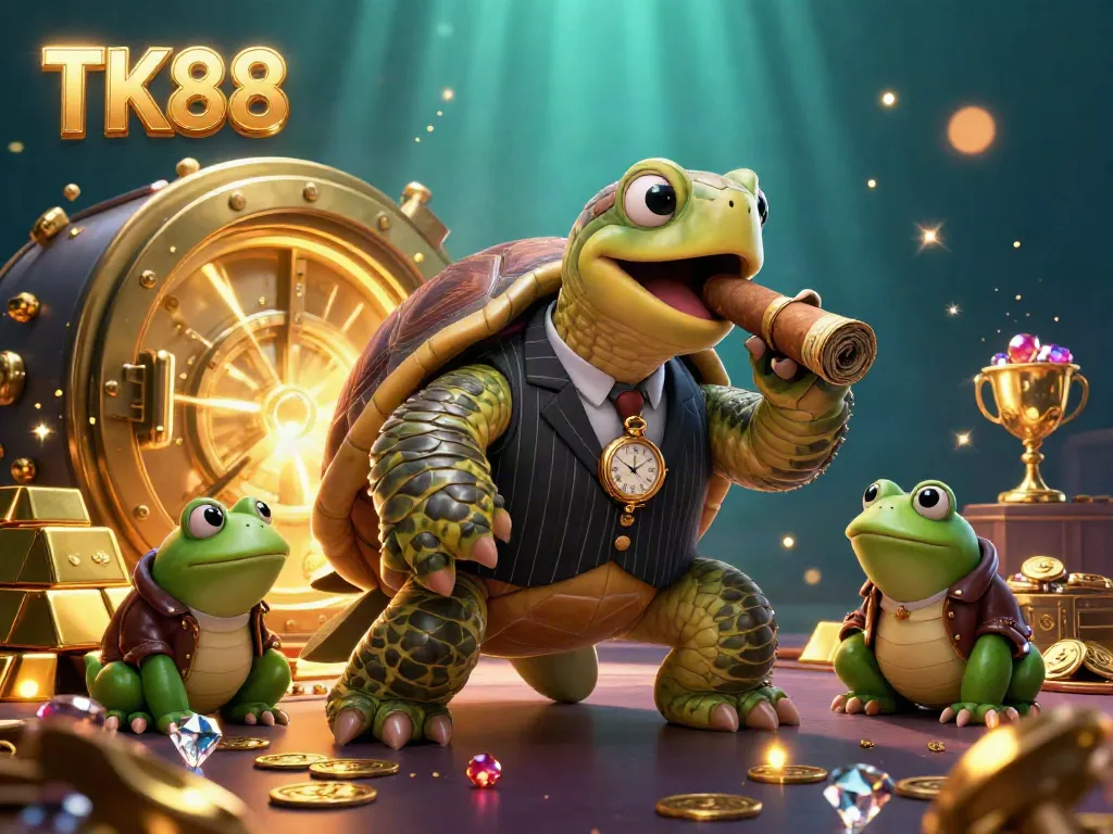 Engaging scene of TK88's cartoon turtle mobster surrounded by casino treasures, showcasing vibrant gaming elements.