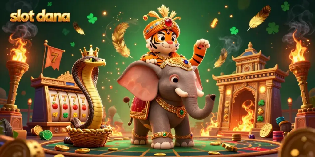 Gambarkan kasino dengan slot dana dan elemen 3D yang berwarna-warni dan kaya visual.
