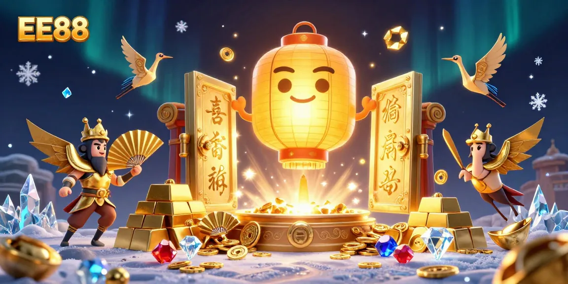 Experience the thrill of EE88 at the casino with vibrant floating lanterns and golden treasures.