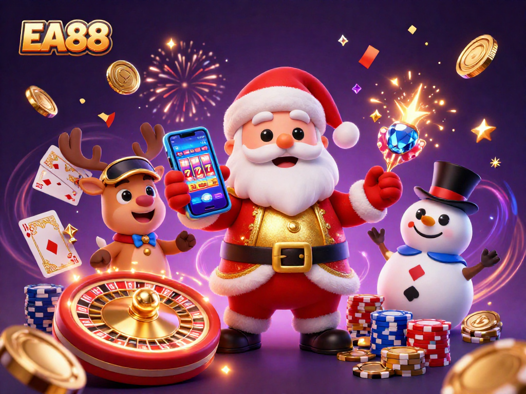 Spin the reels with EA88 at this festive casino scene featuring Santa and friends.