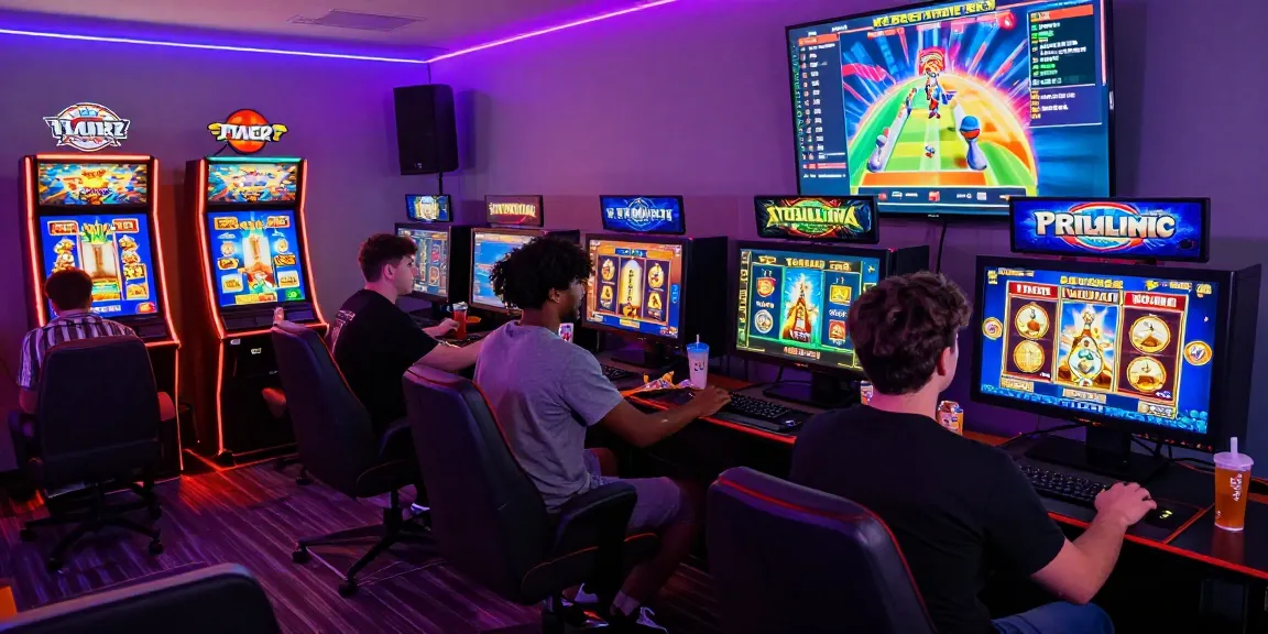 Players enjoying HWGSLOT online gaming experience with vibrant visuals and snacks.