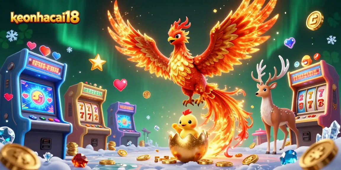 Engage with lively slot action at keonhacai18 featuring vibrant games, a mystical stag, and a soaring phoenix.