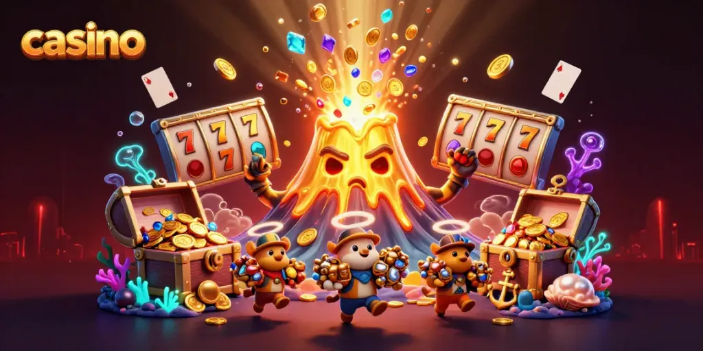 Engaging casino scene with a golden volcanic eruption of treasure and lively explorers amidst vibrant slot machine elements.