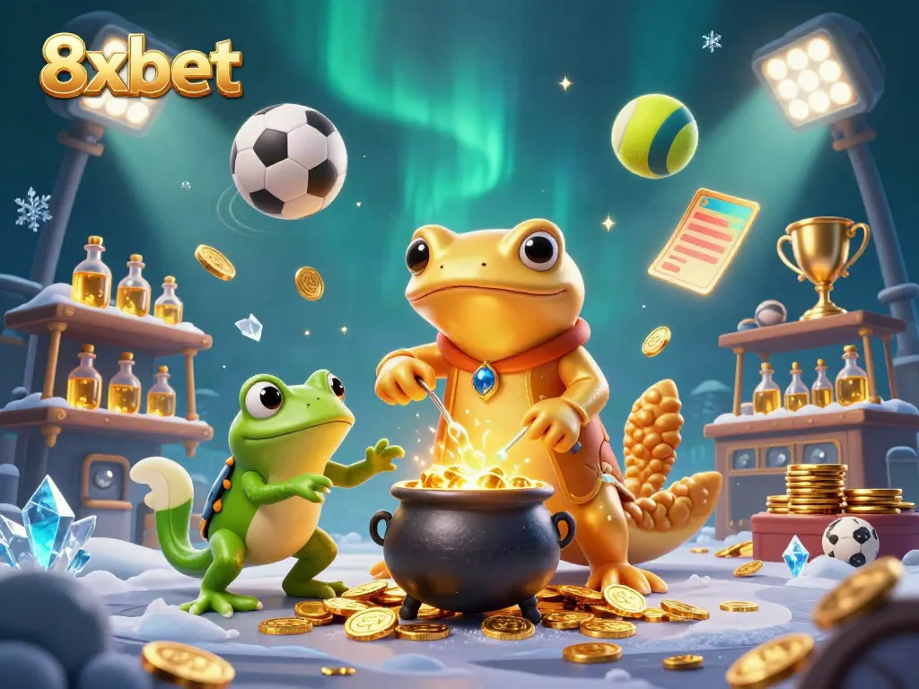 Experience 8xbet's dynamic gaming world with an enchanting illustration of alchemy and sports.