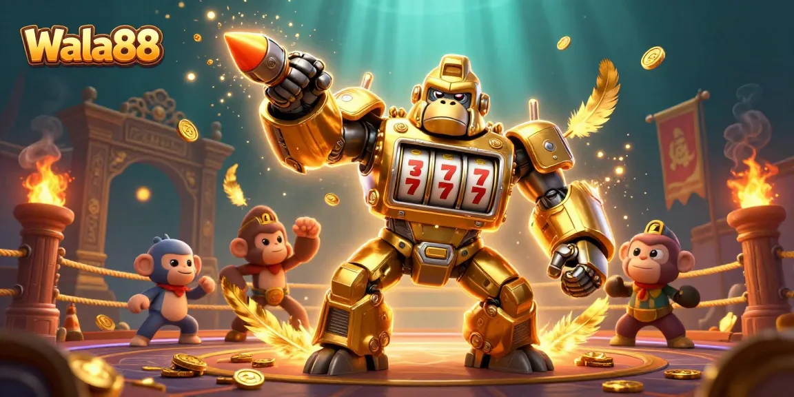 Experience thrilling betting action with Wala88 as a golden gorilla mech celebrates big wins in a vibrant arena.