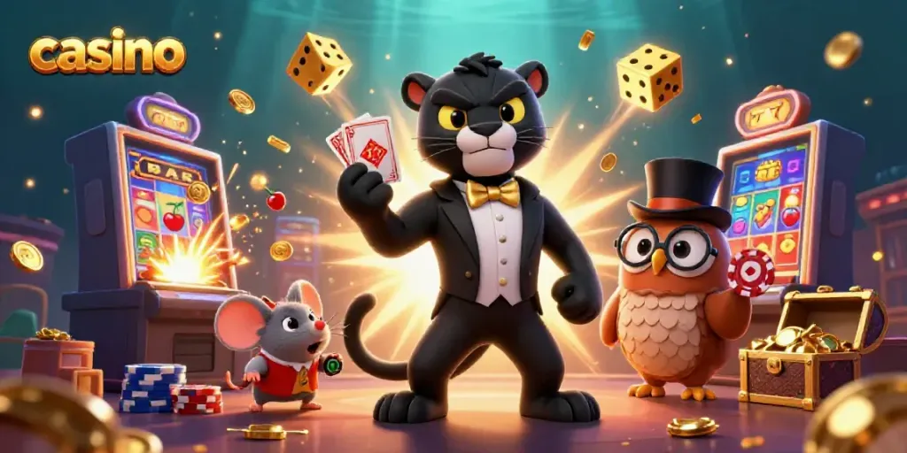 Engaging casino scene with cartoon panther, owl, and mouse amidst jackpot winnings and vibrant game elements.