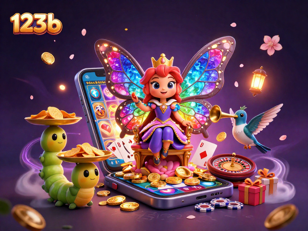 Experience the thrill with 123b, showcasing a vibrant 3D butterfly queen in a dynamic casino setting.