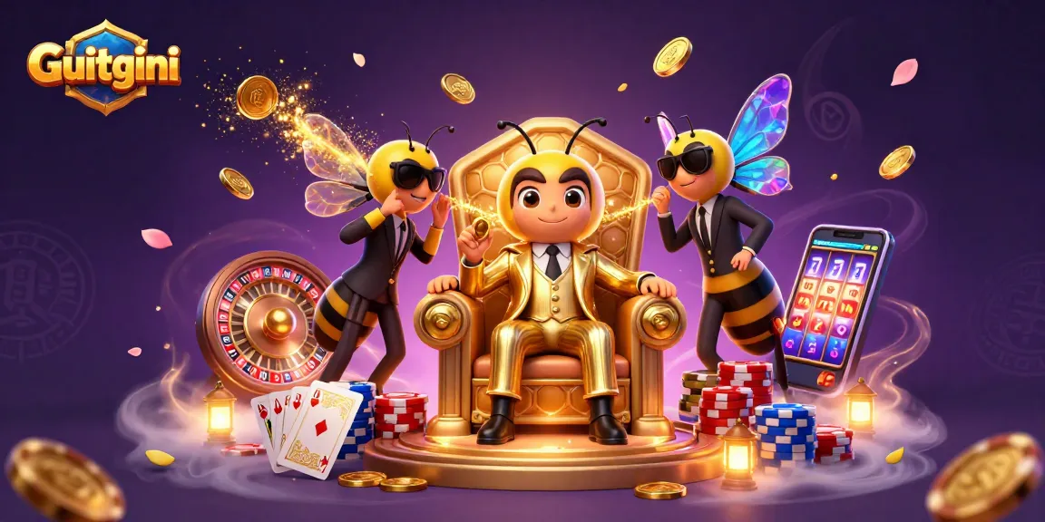 Engage with Guitgini as you navigate an exciting 3D casino scene filled with vibrant game elements.