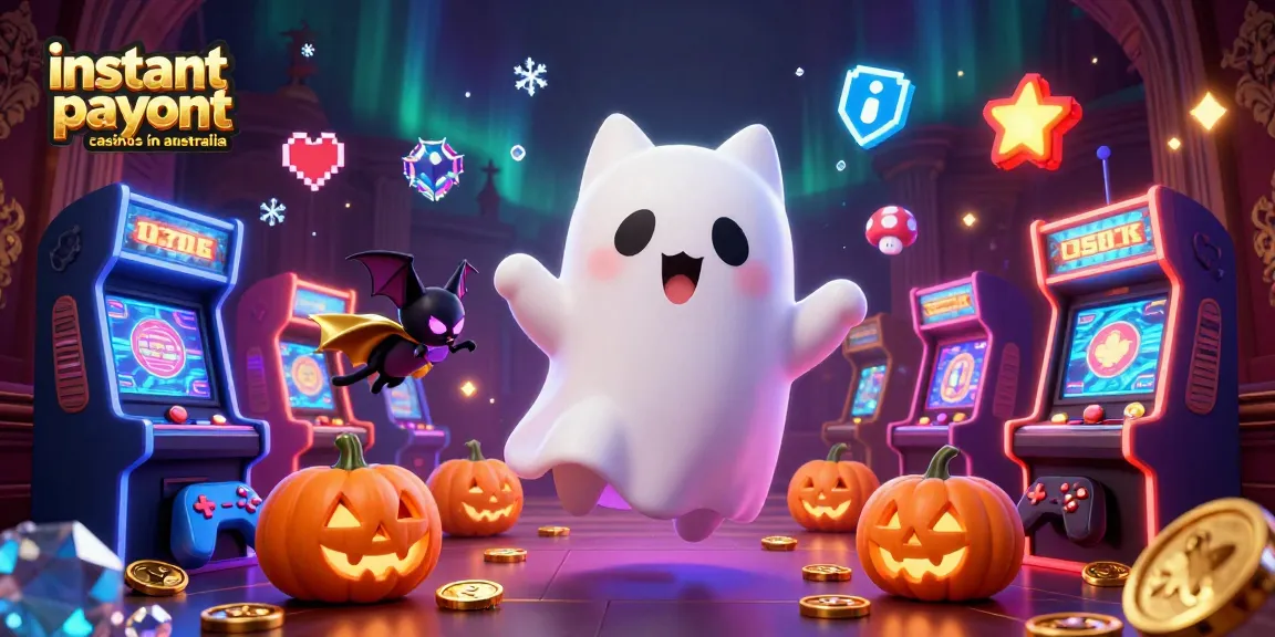 Explore instant payout casinos in Australia with vibrant characters and 3D elements in a spooky casino setting.