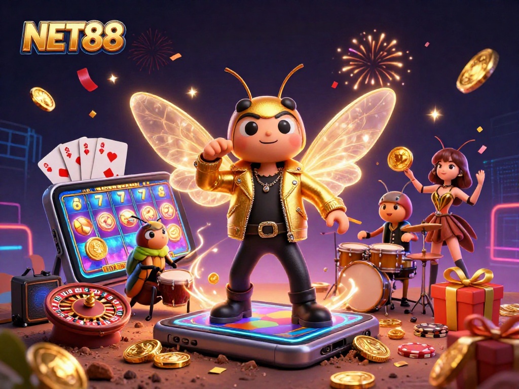 Engage with NET88's thrilling casino experience featuring a rock star cicada and vibrant game elements.