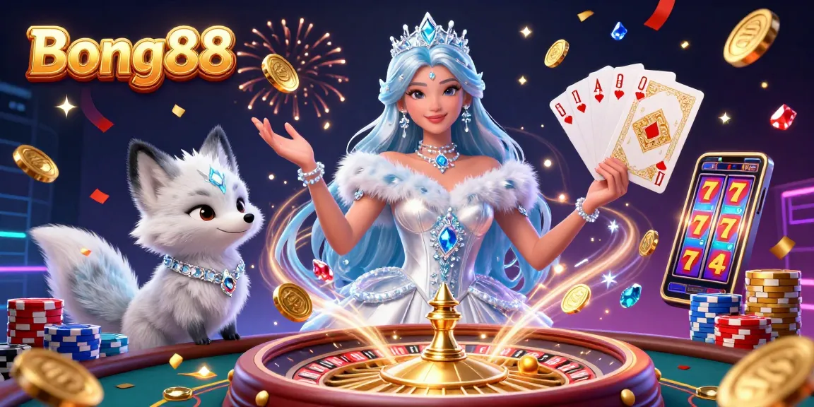 Bong88 casino illustration featuring a glamorous winter queen and arctic fox with dynamic gambling elements including coins and cards.