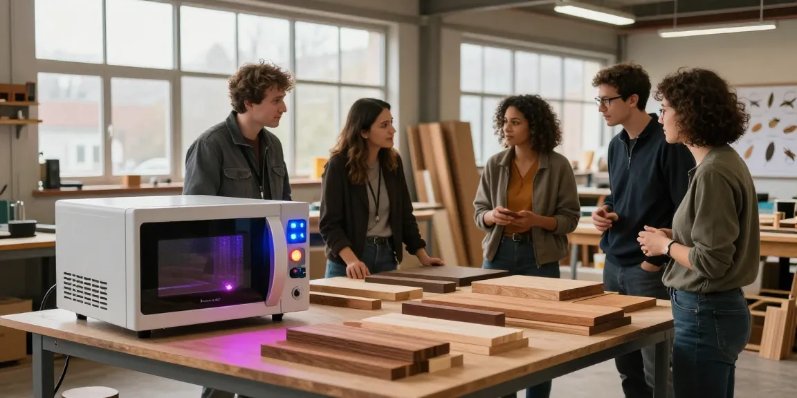 Shashel microwave technology demonstrating chemical-free woodworm treatment in a modern workshop.