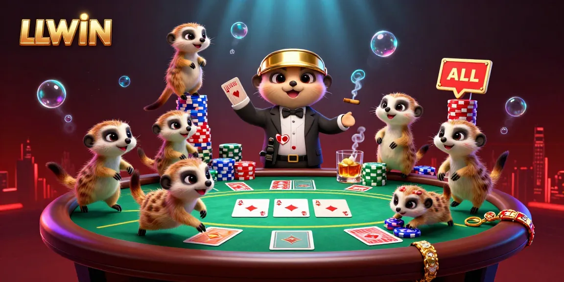 LLWIN highlights a cartoon meerkat casino scene with vibrant poker elements, showcasing dynamic gameplay.