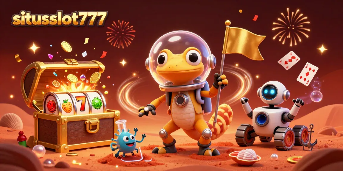 Join the fun with situsslot777, featuring a Martian gecko in a golden casino packed with vibrant slot elements.