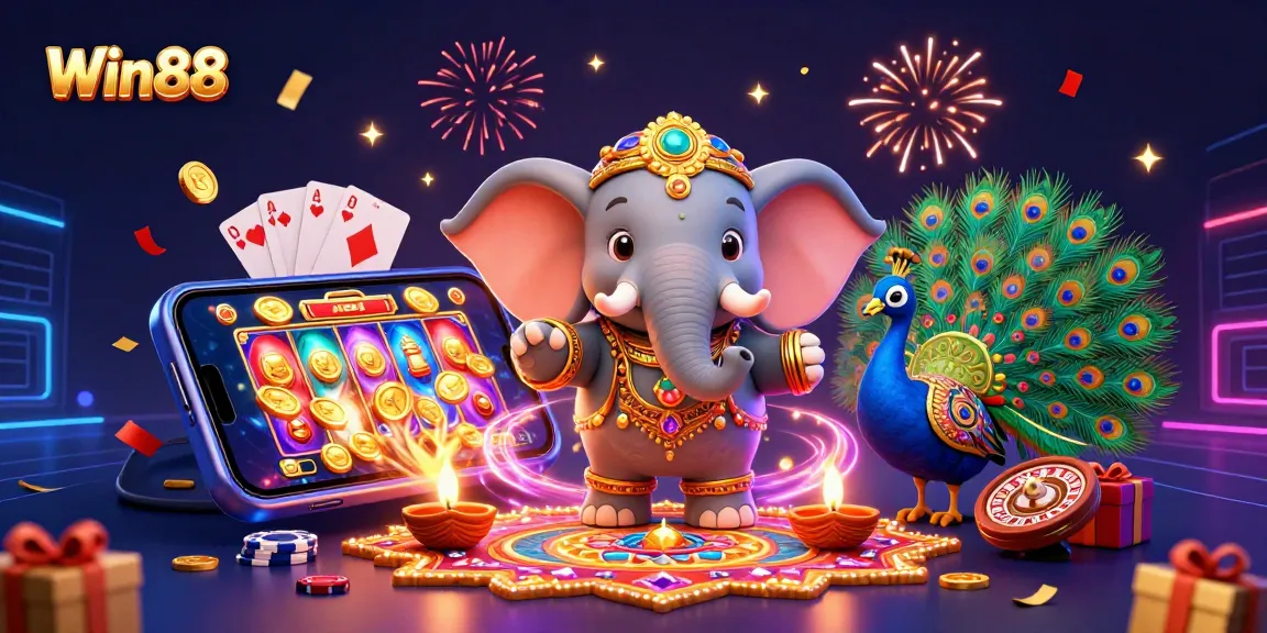Experience thrilling wins at Win88 with vibrant casino elements and Diwali-themed characters.