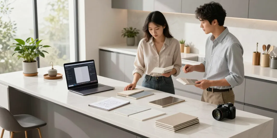 Solid surface countertops company designer showcasing sleek kitchen with non-porous materials and modern elements.