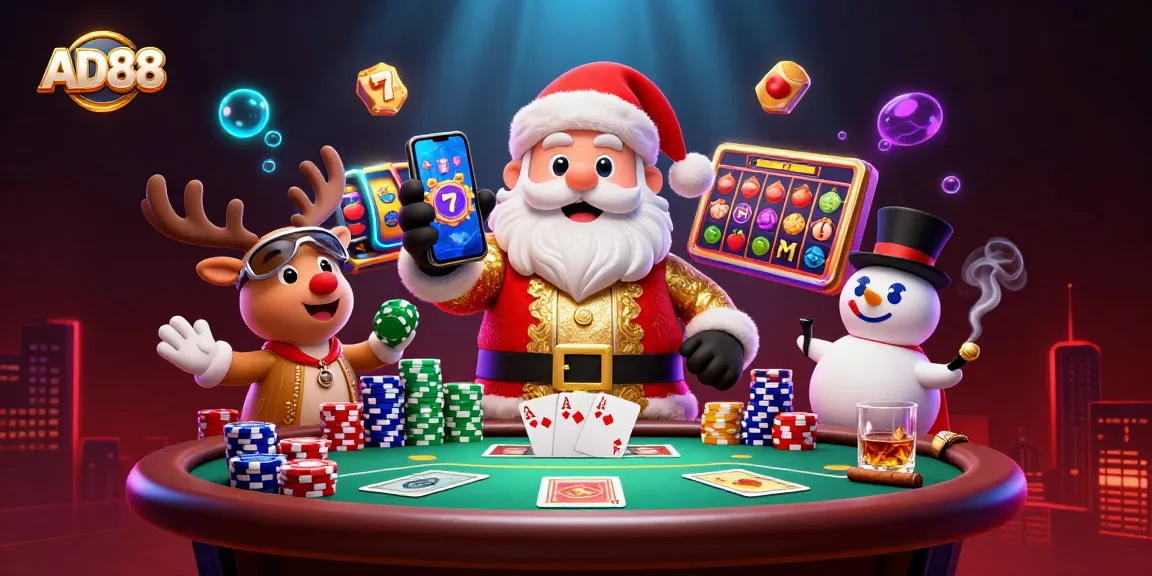 AD88 showcases a vibrant casino scene with Santa, his reindeer, and a snowman celebrating jackpots.