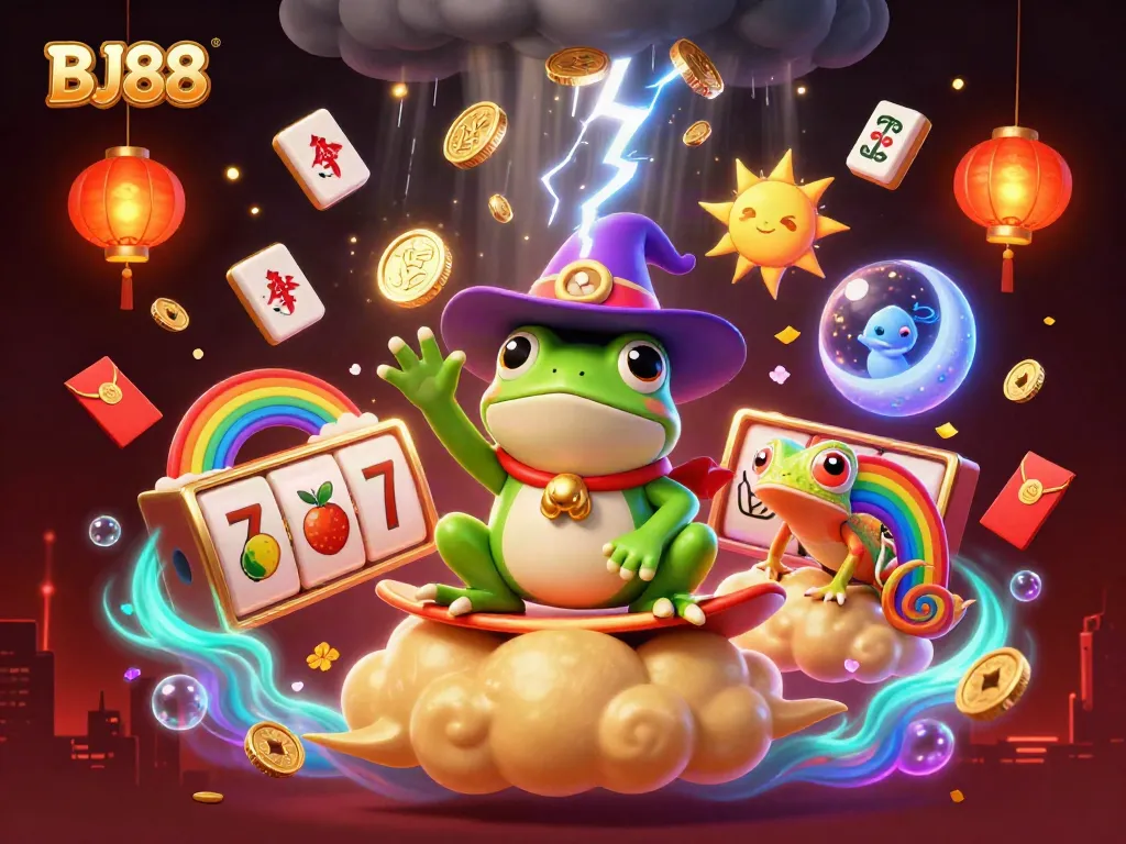 Experience thrilling gaming with BJ88 in this vibrant, action-packed 3D illustration.