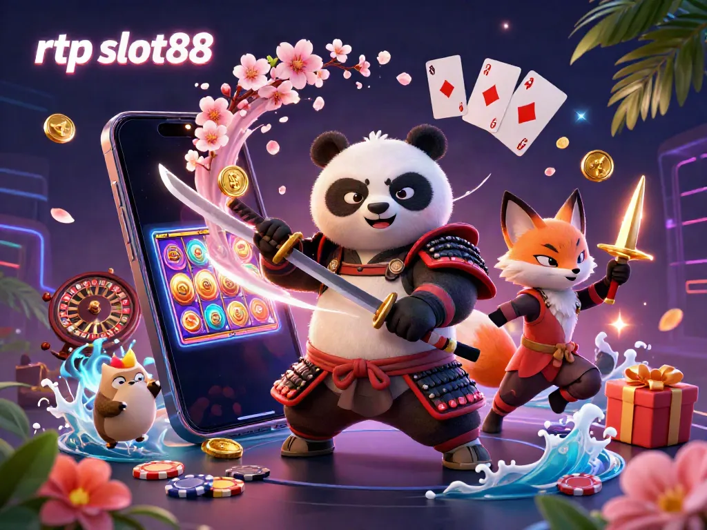 Ilustrasi 3D keren dengan karakter panda samurai dan rubah ninja di slot game, rtp slot88 memperlihatkan aksesoris kasino.