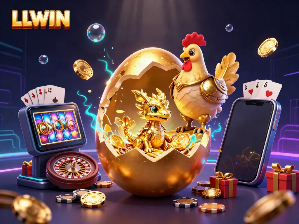 Experience the thrill of LLWIN with a golden dragon guarding poker chips amid vibrant casino elements.