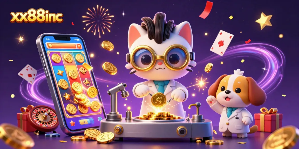 Engage with thrilling gameplay at xx88inc featuring a whimsical scientist cat and dog amidst casino action.