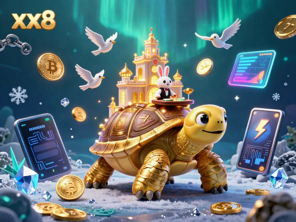 Experience thrilling gameplay at xx8 with a golden tortoise casino scene featuring a rabbit dealer and golden coins.