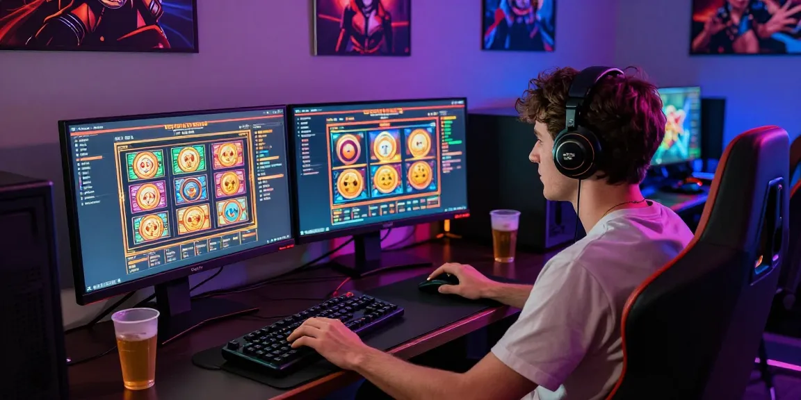 Exciting slot online gaming scene with player engaged at dual monitor setup.