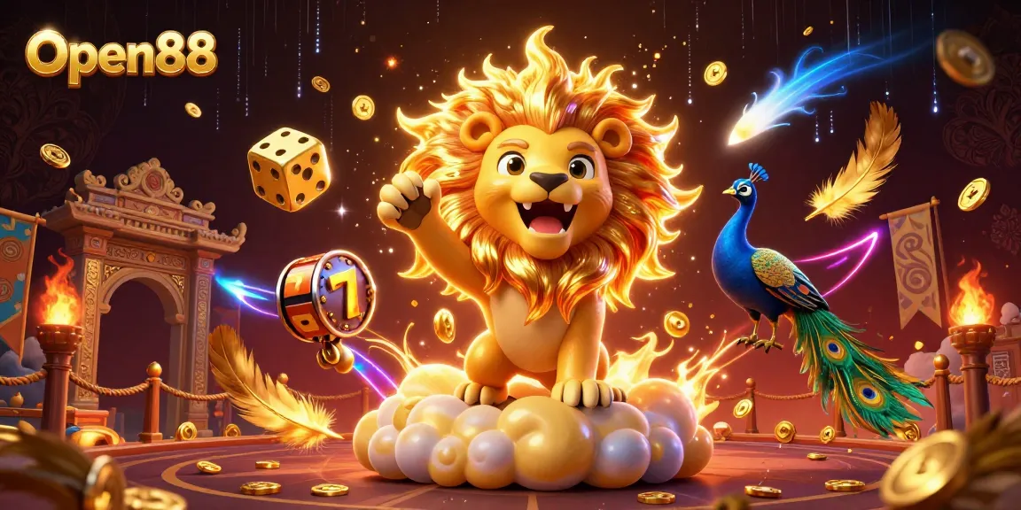 Engage with Open88 as the sun lion and golden dice illuminate the vibrant casino landscape.