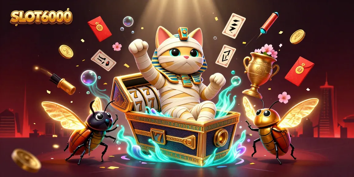 Engage with exciting SLOT6000 games featuring a vibrant illustration of a cartoon mummy cat and scarab in a casino