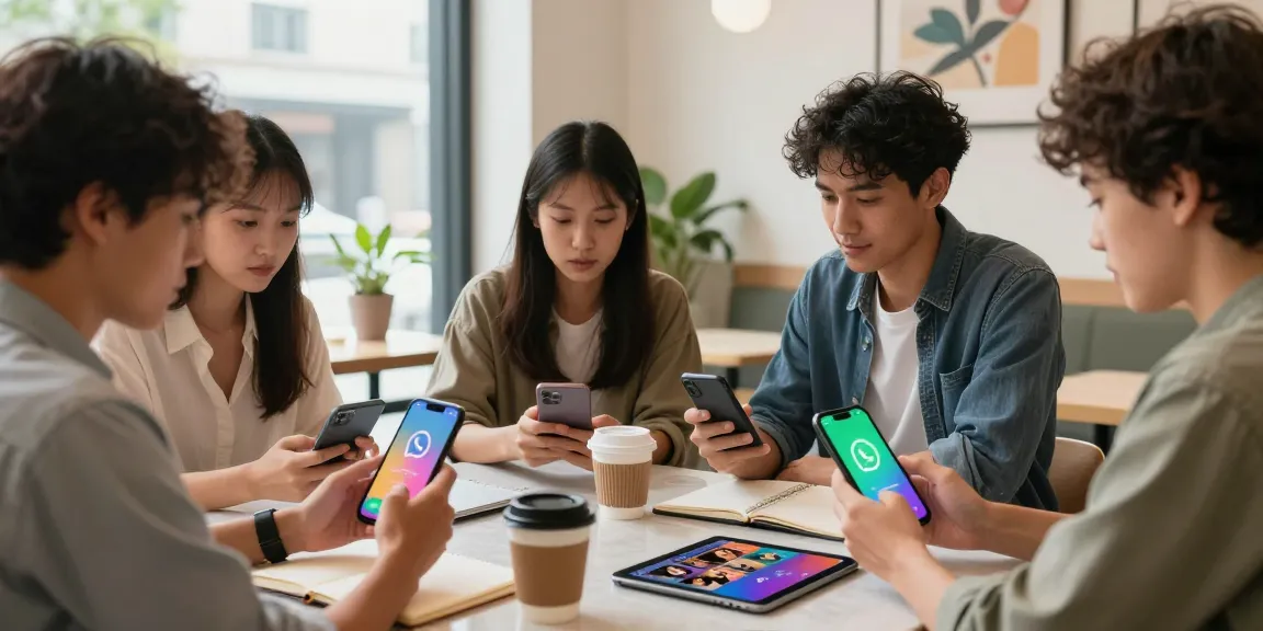 Young professionals in a coffee shop downloading WhatsApp下載 on their smartphones