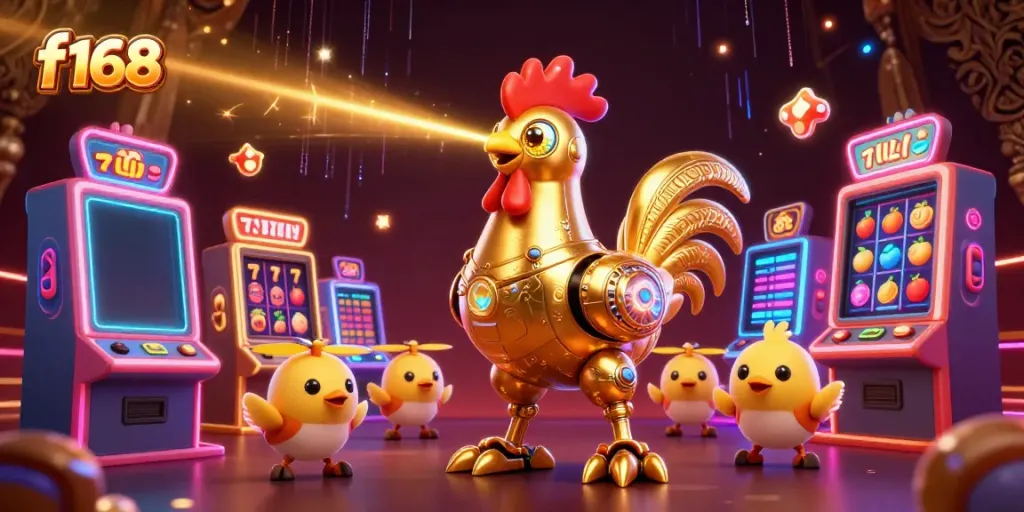 Engage with f168's thrilling slot gameplay featuring a dynamic retro-futuristic rooster robot alongside vibrant gaming elements.