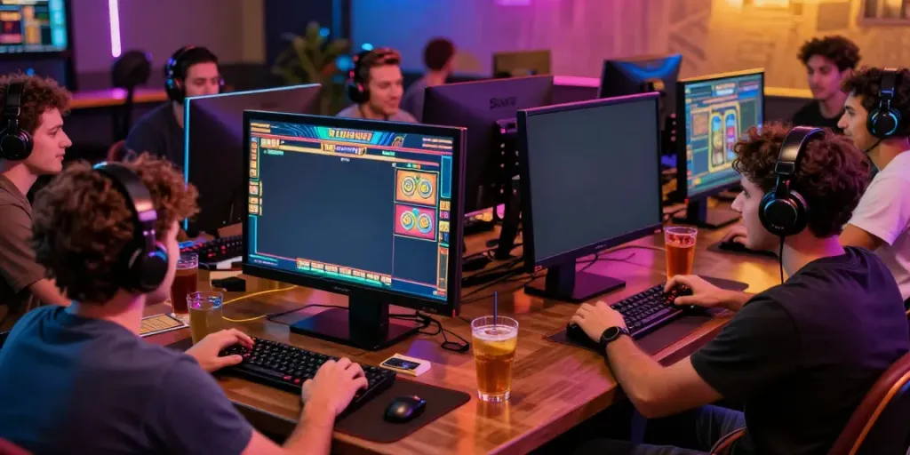 Excited players engaging in judi slot games with lively atmosphere and colorful lights.