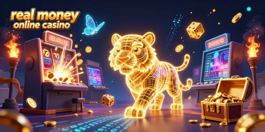 Experience the thrill of a real money online casino with a vibrant 3D illustration showcasing dynamic gameplay and jackpot excitement.