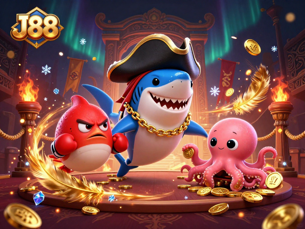 Engage in thrilling games at J88 with a vibrant scene showcasing a pirate shark, pufferfish, and octopus.