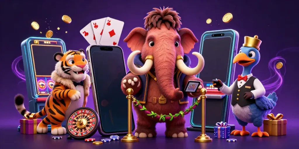 Slot demo interaktif dengan karakter mamut, harimau, dan burung dodo di pintu masuk kasino.